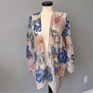 Sole Society Desert Floral Kimono Ruana Peach Blue with Gold Accents One Size